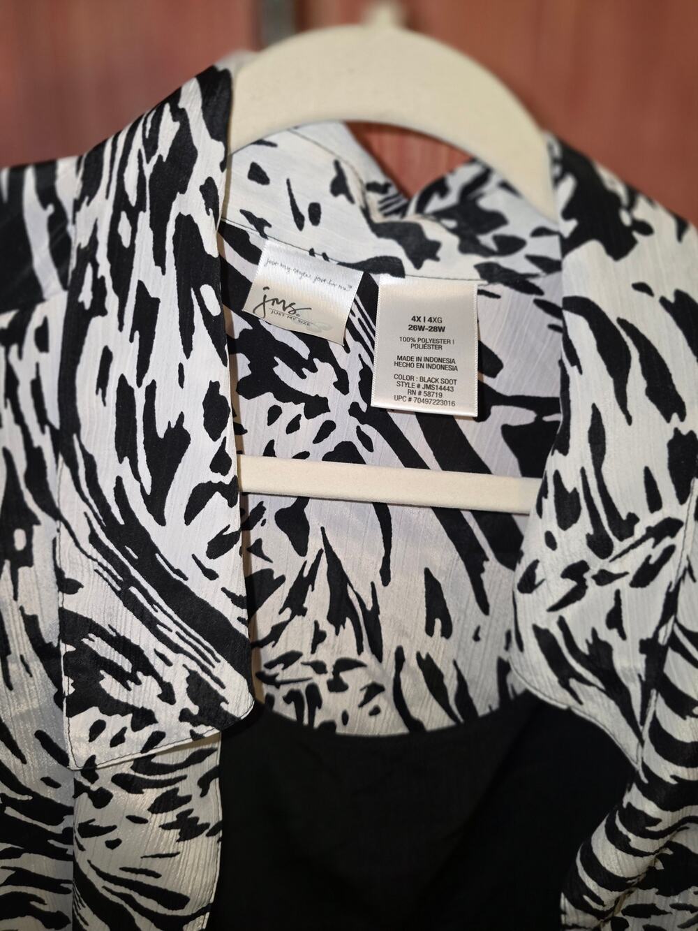 JMS Just My Size Womens 26W/28W 2-in-1 Layered Blouse Top Black White Zebra Cami